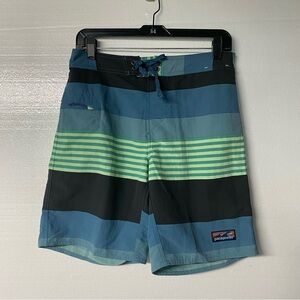 Patagonia Wavefarer Swim Trunks 30W Blue Green Striped Colorblock Board Shorts